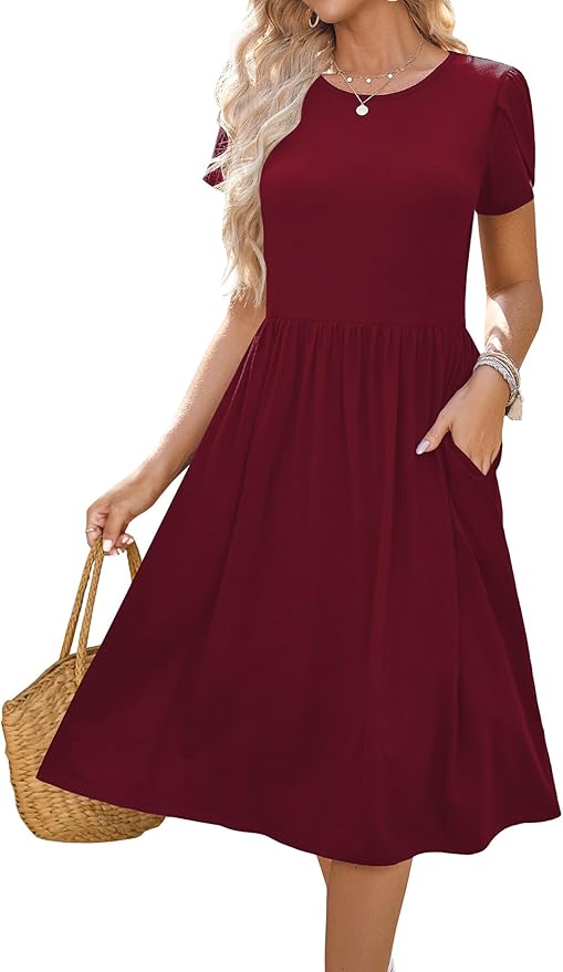 HOTOUCH Women's Summer A-Line Midi Dresses 2026 Casual Floral Short Sleeve T-Shirt Dress Flowy Beach Sundress with Pockets