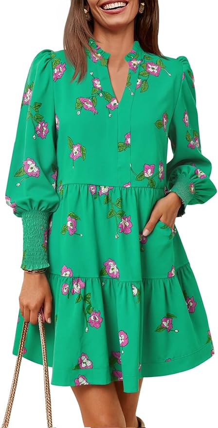 Imily Bela Womens Fall Long Sleeve Tunic Dress Casual V Neck Loose Ruffle Tiered Dress