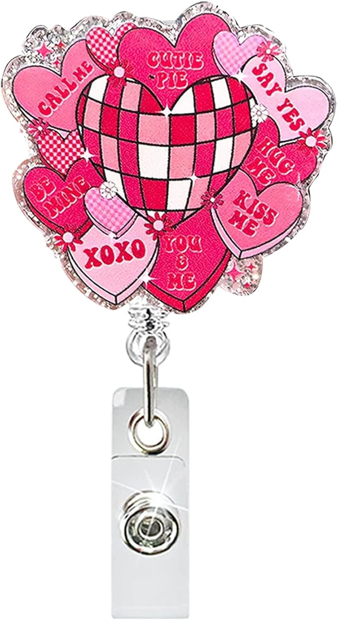 Valentine's Badge Reels Pink Heart Badge Reels Retractable Acrylic Glitte Retractable Badge Holder with 360 Rotating Clip Heart Badge Clip Valentines Holiday ID Badge Holder for Nurse Doctor Gift