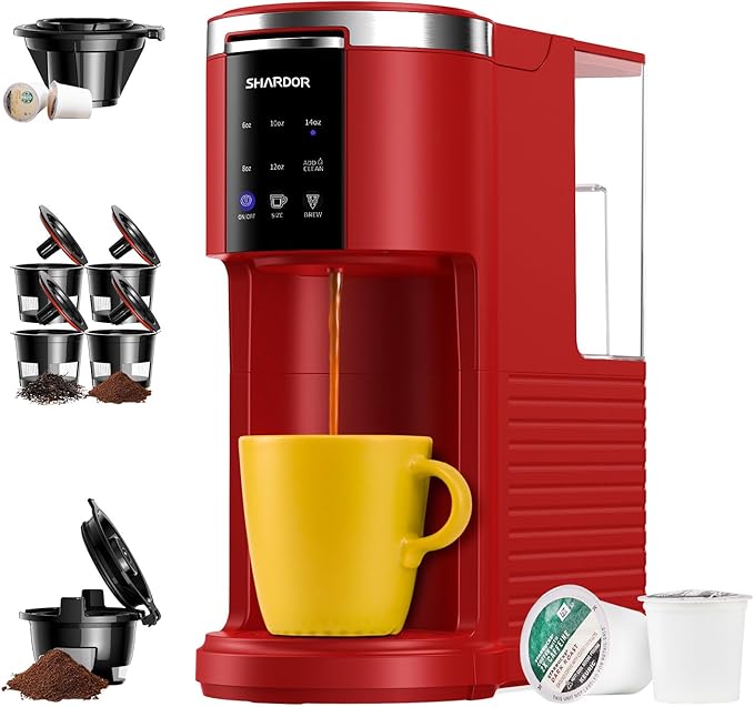 SHARDOR 3 in 1 K Cup Coffee Maker, Single Serve Coffee Maker for K Cup Pods & Ground Coffee & Teas, 6 to 14oz Brew Sizes, 40oz Detachable Water Reservoir, Compact Design, Red