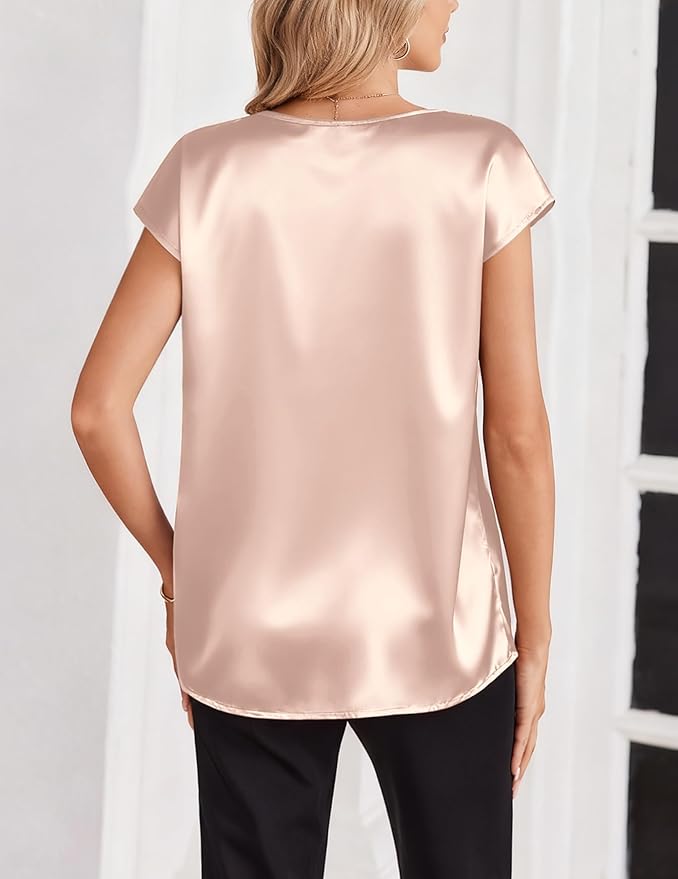 Zeagoo Women Silk Satin Tops Cap Short Sleeve Blouse V Neck Shirts Business Casual Outfits S-2XL