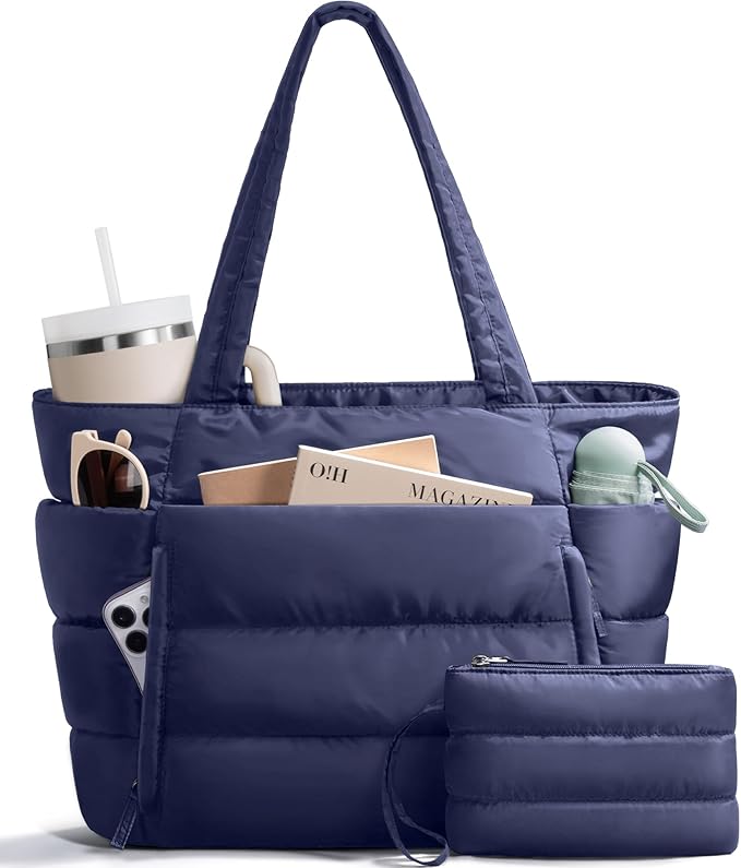Puffer Tote Bag for Women, Lightweight Puffy Work Handbag Teacher Nurse Quilted Shoulder Bag for School Travel Gym | Quilted, with Zipper, Daily Carry On Bags, Comfy College Bags, 15.6" Laptop Sleeve, Cup Holder Pocket, Portable, Spacious