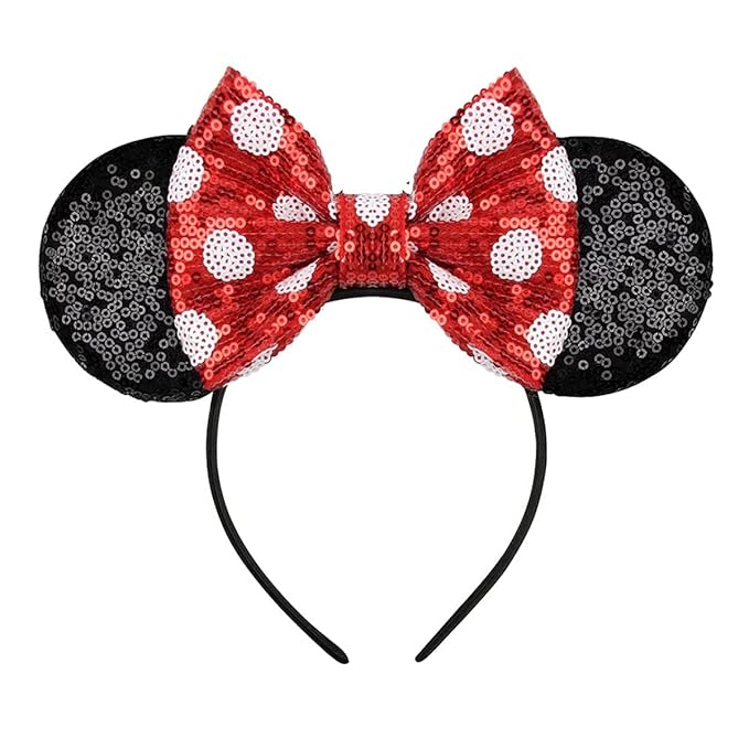 RAZKO Sequin Mouse Ears Headband, Red Polka dot Mice Ears Hairband Princess Headband for Women Girls Hair Accessories (Polka dot)