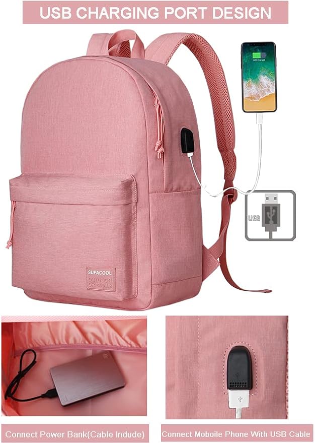 SUPACOOL Casual Laptop Backpack for Men and Women, Backpack for College, USB Charging Port, Lightweight Pack Back(Pink)