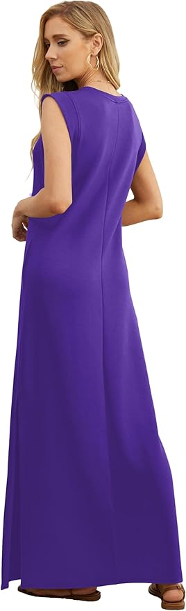 GRECERELLE 2026 Women Year-Round Casual Round Neck Loose Split Wrinkle-Free Long Maxi Vacation Dress with Pockets (XXS-4XL)