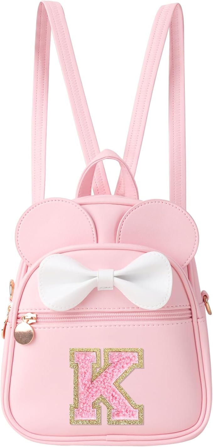 UIXIZQ Personalized Toddler Backpack for Girls 3–10, Cute Mini Bowknot Mouse-Ear Toddler Bookbag Crossbody Purse, Small Daypack Wallet Set, Initial Birthday Gift, Trendy Little Kids/Teen Bag(Pink,K)