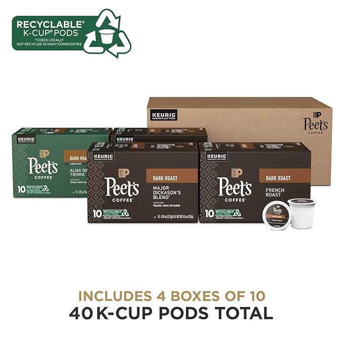 Peet's Coffee, Keurig K-Cup Pods Dark Roast Variety Pack - Major Dickason's Blend, French Roast, Organic Alma De La Tierra, House Blend, 40 Count (4 Boxes of 10 K-Cup Pods)