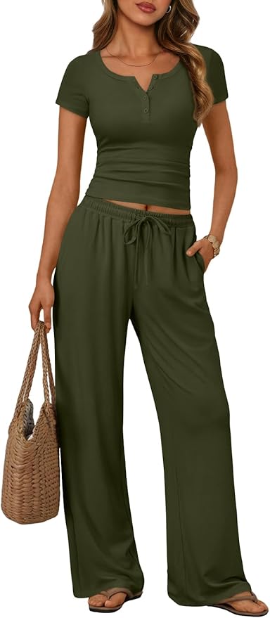 Trendy Queen Women's 2 Piece Matching Lounge Sets Summer Henley Neck Slightly Crop Top Wide Leg Pants Casual Sweat Suit
