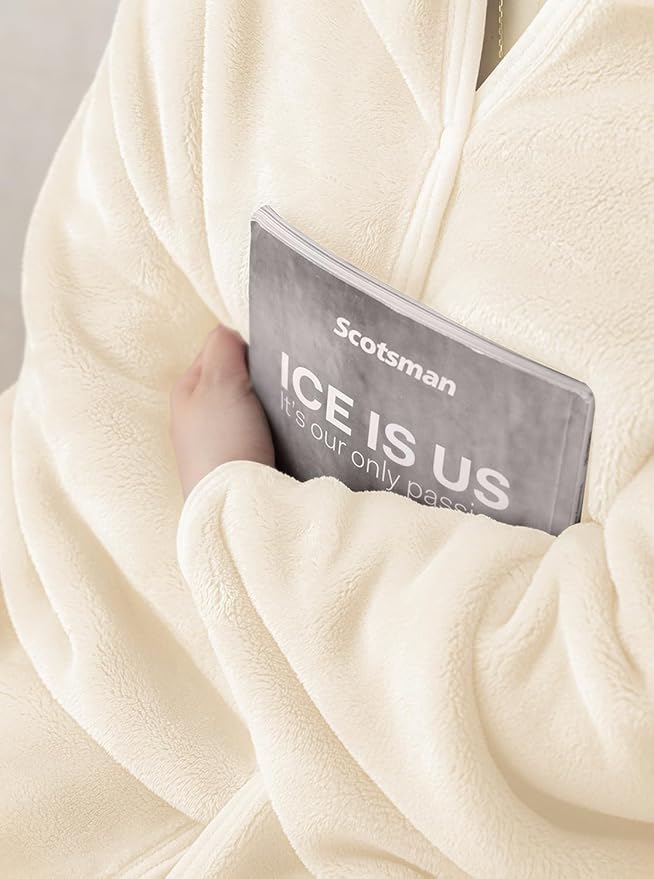 Mellowdy Shawl Blanket Pillow 2-in-1 with Sleeves for Office, Work, Home (Pearled Ivory, 40x60) - Wearable Adult Snuggie Coat Poncho, Airplane Travel Set, Fleece Shoulder Wrap for Men and Women