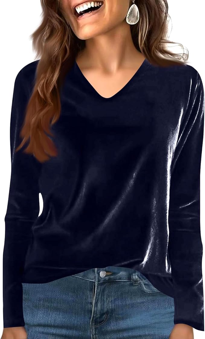 Velvet Tops for Women Dressy Casual V Neck Shirts Loose Fit Vintage Long Sleeve Velour Blouse Solid Holiday Party Outfits