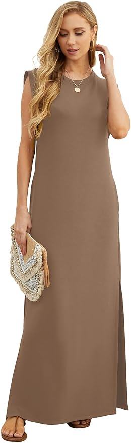 GRECERELLE 2026 Women Year-Round Casual Round Neck Loose Split Wrinkle-Free Long Maxi Vacation Dress with Pockets (XXS-4XL)