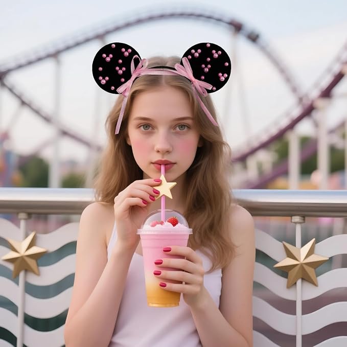 bianbaistar Black Velvet Mouse Ears Headband, Pink Pearl Accents for Theme Park Visit & Parties