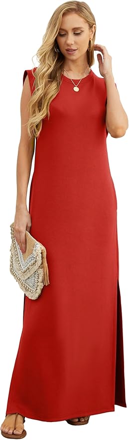 GRECERELLE 2026 Women Year-Round Casual Round Neck Loose Split Wrinkle-Free Long Maxi Vacation Dress with Pockets (XXS-4XL)