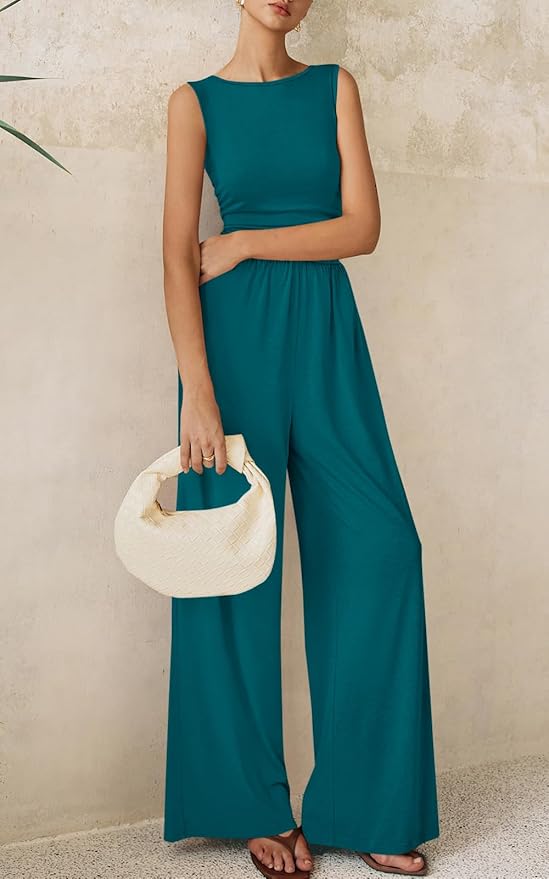 PRETTYGARDEN One Piece Jumpsuits for Women Dressy Casual Sleeveless Crewneck Wide Leg Rompers Jumpers Vacation Summer Outfits