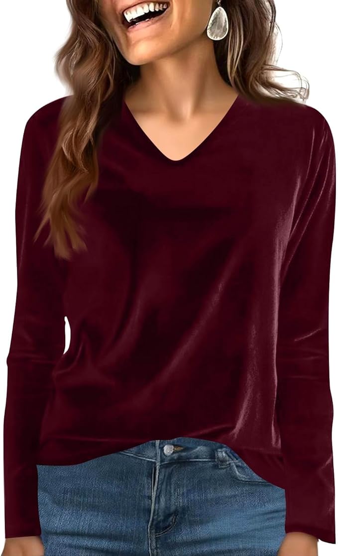 Velvet Tops for Women Dressy Casual V Neck Shirts Loose Fit Vintage Long Sleeve Velour Blouse Solid Holiday Party Outfits