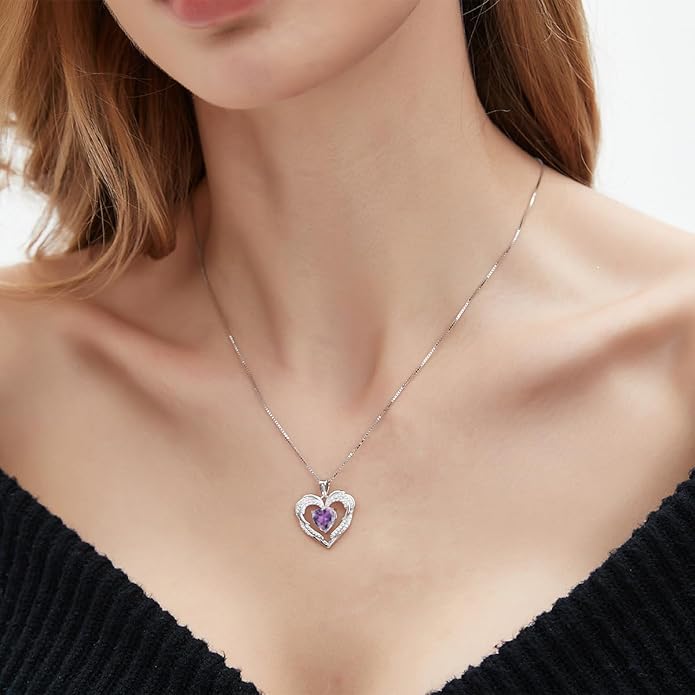 Jurikko Heart Necklaces Valentine's Gift for Women, Birthstone 925 Sterling Silver Angel Wings Love Pendant Necklaces for Women, Jewelry Gifts for Wife, Anniversary, Mother's day