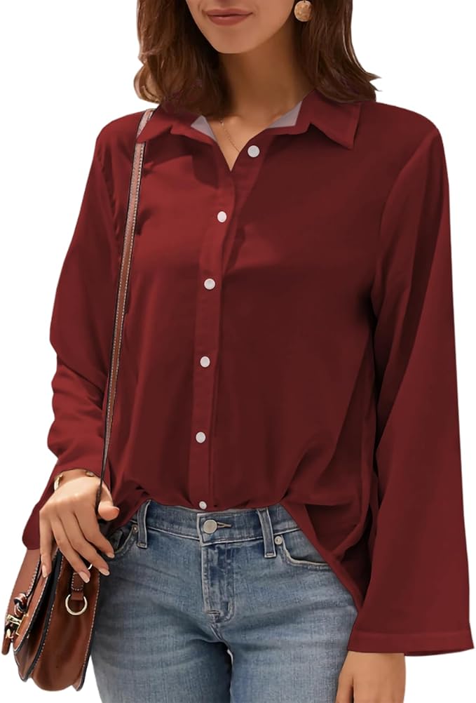Womens Classic Shirts Casual Button Solid Color Long Sleeve Work Blouse Collared Relaxed Fit Summer Tops