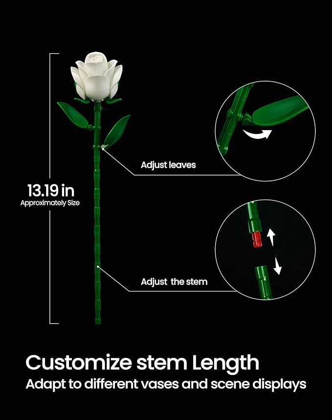 iATOM White Rose Bouquet Building Set, 12Pcs Wedding Flower Botanical Collection for Adult, Valentine's Day Gift for Her/Girlfriend/Mom/Wife/Couple, Boho Modern Home Office Table Centerpiece Decor