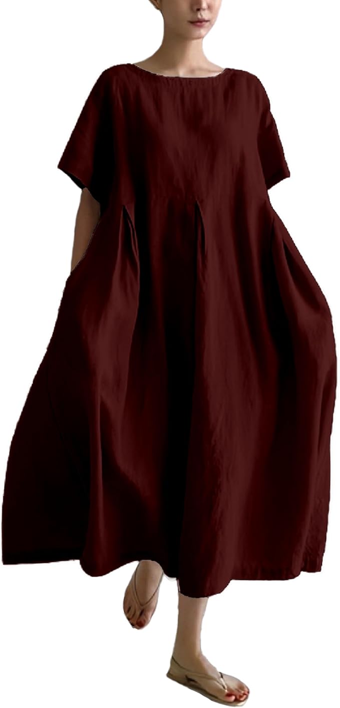 MARSVOVO Patchwork Flowy Dresses for Women Plus Size Loose Casual Tunic Dress Elegant Crewneck Maxi Dresses with Pockets