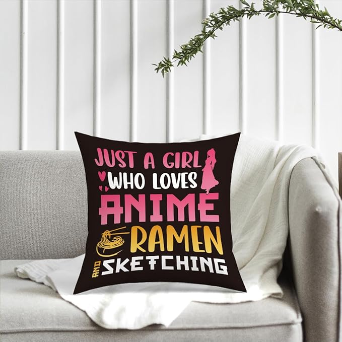 NGLIV Anime Decor, Just a Girl Who Loves Anime Ramen Anime Room Decorative Throw Pillow Covers, Girls Anime Gifts Anime Lovers for Home Living Room Girl Women Bedroom Decoration Gifts Black