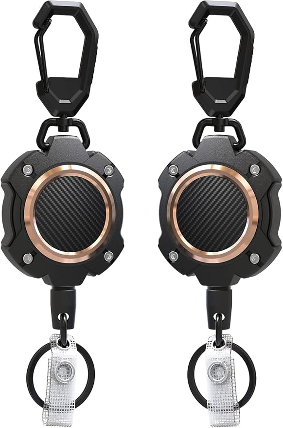 LIUGX 2 Pack Retractable Keychain, Heavy Duty Carabiner Key Chains, 10,000+ Rebound, Impact Resistance ID Badge Reels with 31.5” Wire Rope and Key Ring, Up to 8oz, Aluminum Ring, Carbon Fiber-Texture