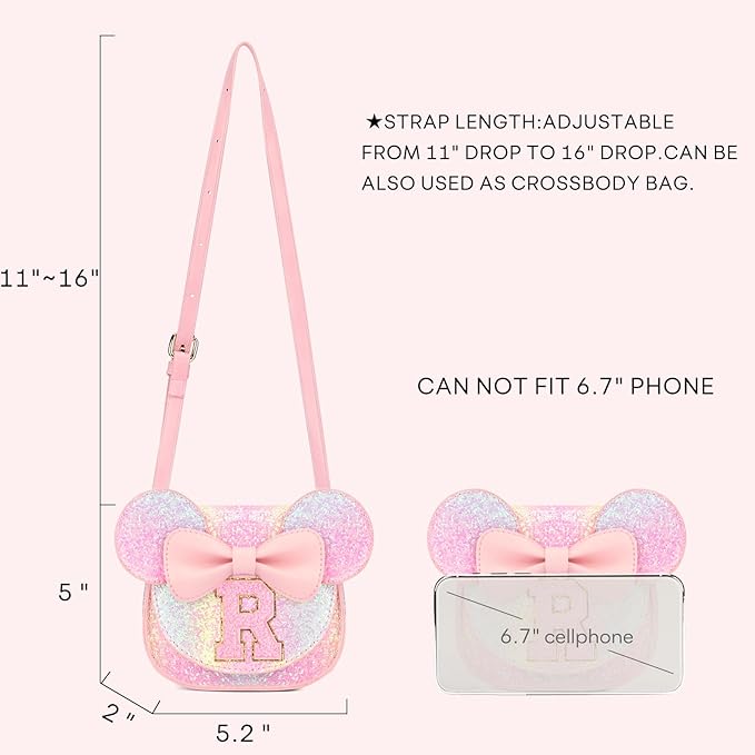 mibasies Toddler Purse Girl Gifts: Girls Birthday Gifts for 3-8 - Toys for Ages 2-4 Girls Mouse Ears Purse, Glitter Rainbow, Letter R