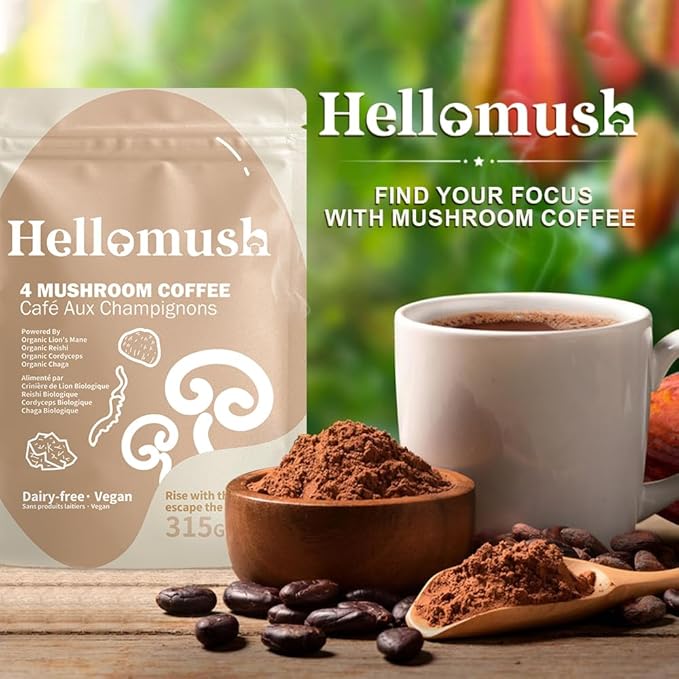 Hellomush Organic Instant Mushroom Coffee with Lions Mane, Reishi, Chaga and Cordyceps Coffee, Adaptogen Drink for Greater Energy, More Focus, Better Digestion, and Gut Support 90 Servings 11.11 oz