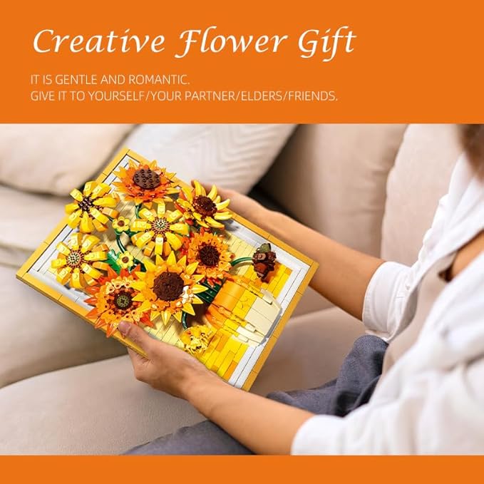 noziaa Building Block Sunflower Picture Frame, Creative Eternal Artificial Flower Plant Models, Home Decor or Idea Present for Adults and Kids, Valentine's Day Gifts for Girls, 1011 PCS-JJ9233