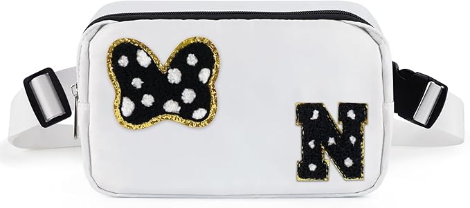Chenille Initial Letter Bow Mouse Fanny Pack, Waterproof Park Crossbody Bag Christmas Birthday Gifts for Teen Girls Daughter Women Kids Adults, Cute Belt Bag Must Haves for Park Travel (N, White)