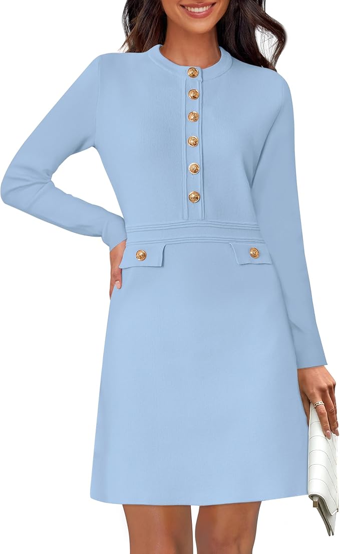 NENONA Women's 2026 Long Sleeve Fall Winter Sweater Dress Spring Fashion Button Elegant Business Casual Work Mini Dresses