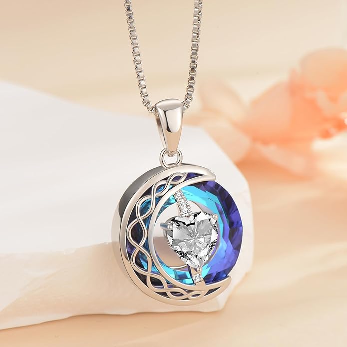 LIANYU Necklace for Womens Blue Sapphire Necklace Moon Pendant S925 Sterling Silver Crystal Jewelry for Women Pendant Birthday Gifts for Wife Gifts Valentine Anniversary