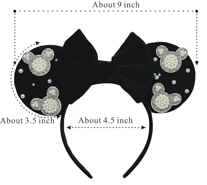 WW-WONDERFULWORLD Mouse Ears Headband with Pearl Rhinestones, 4-inch Black Velvet Ears, Decorative Costume Accessory, Party Cosplay; FG8