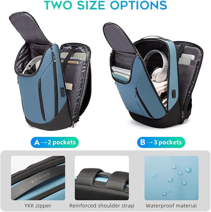 BANGE Business Smart Backpack Waterproof fit 15.6 Inch Laptop Backpack with USB Charging Port,Travel Durable Backpack (Light Blue(three Pocket), Medium)