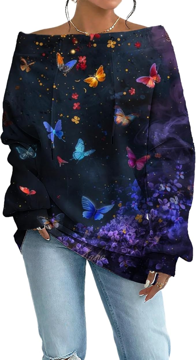 Womens Sweatshirts Floral Print Sexy Off The Shoulder T Shirts Oversized Long Sleeve Pullover Fall Tops