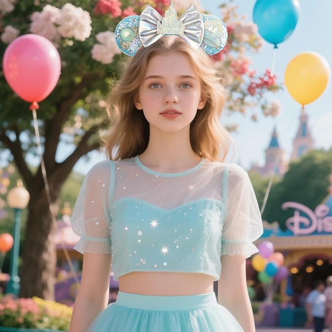 bianbaistar Blue Sequined Mouse Ear Headband with Castle and Timepiece Decorations - A Magical Accessory for Theme Parks and Parties