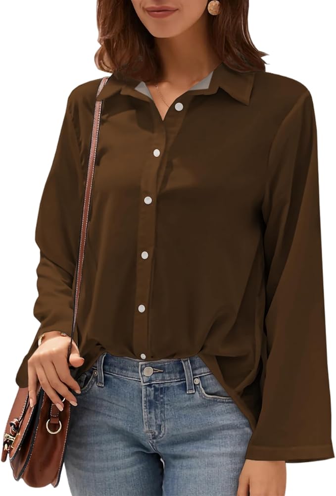 Womens Classic Shirts Casual Button Solid Color Long Sleeve Work Blouse Collared Relaxed Fit Summer Tops