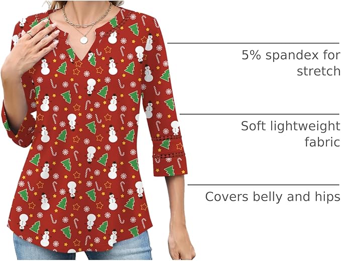 Ivicoer 3/4 Length Sleeve Womens Tops V Neck Lace Embroidered Summer Blouses Loose Fit Tunic Dressy Casual