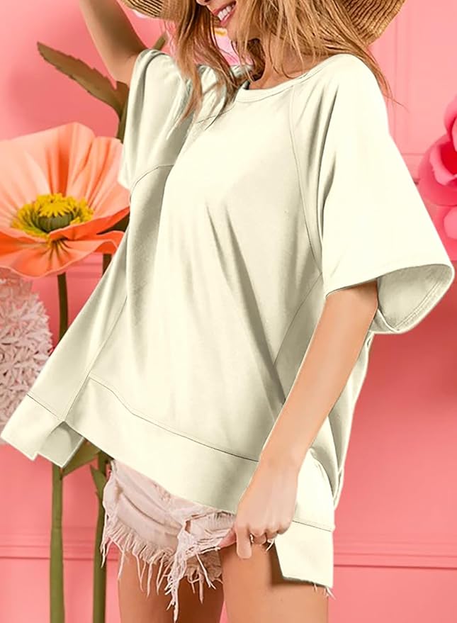 Dokotoo Oversized T Shirts for Women Crewneck Short Sleeve Casual Summer Tops Lightweight Loose High Low Blouse