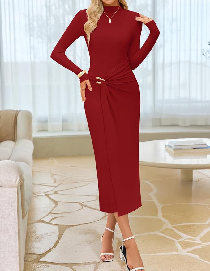 ZESICA Women's 2026 Spring Long Sleeve Bodycon Dress Mock Neck Wedding Guest Cocktail Party Long Midi Dresses