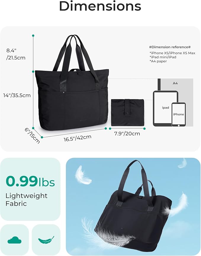 BAGSMART Tote Bag for Women, Foldable Tote Bag With Zipper Travel Large Shoulder Bag Handbag for Work-16.5''l X 6''wx 14''h