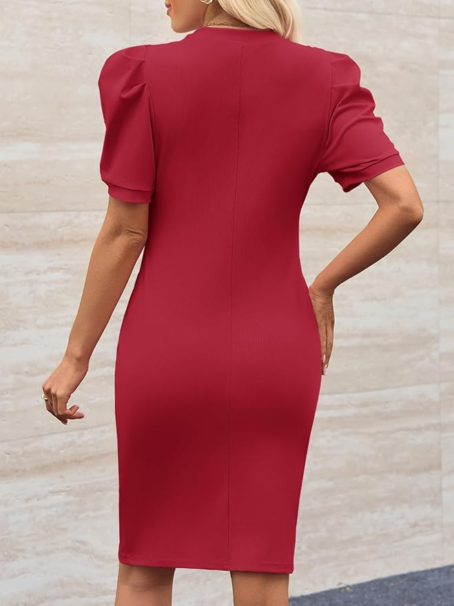 Cicy Bell Women's Puff Sleeve Bodycon Work Dresses Crew Neck Business Casual Office Pencil Dress