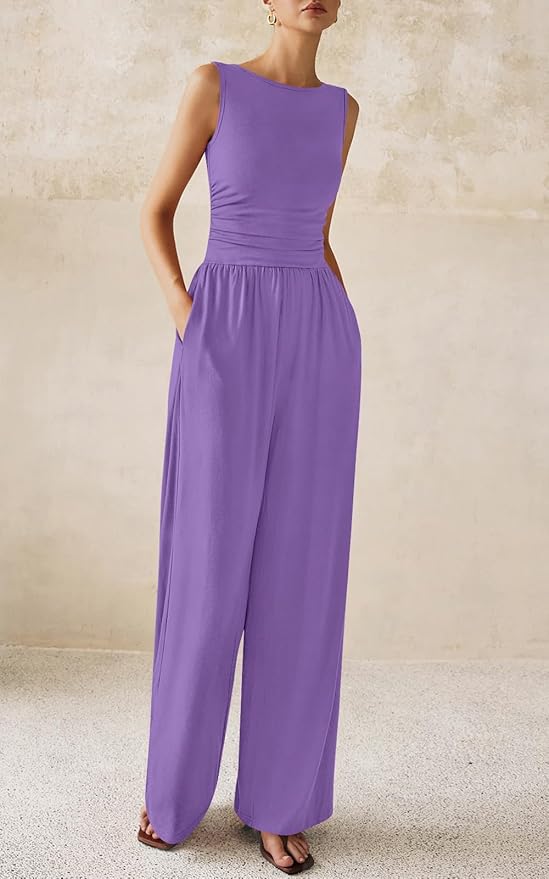 PRETTYGARDEN One Piece Jumpsuits for Women Dressy Casual Sleeveless Crewneck Wide Leg Rompers Jumpers Vacation Summer Outfits