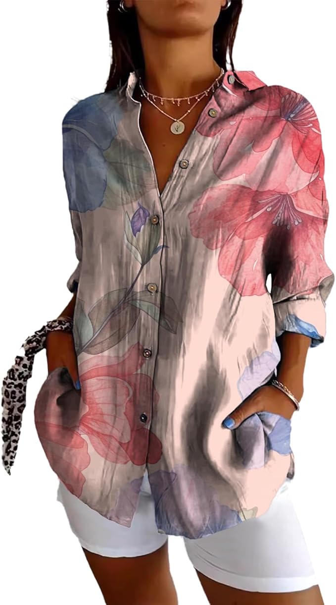 Fashion Summer Shirts Oversized V Neck Basic Vintage Floral Graphic Dressy Button Down Stylish Hawaiian Holiday Outfits