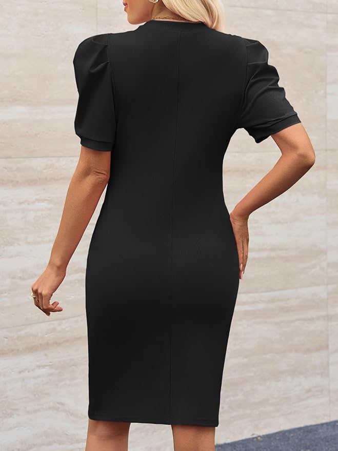 Cicy Bell Women's Puff Sleeve Bodycon Work Dresses Crew Neck Business Casual Office Pencil Dress