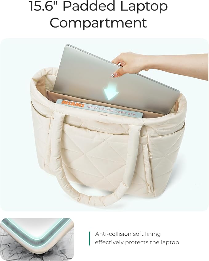 BAGSMART Tote Bag for Women, Puffy Tote Bag with Zipper, Large Quilted Shoulder Bag with Compartments for Travel, Work, Gym