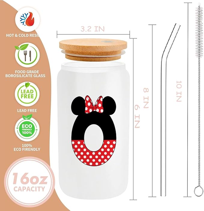 Cute Cartoon Mouse Lover Gifts Initial A-Z Personalized Iced Coffee Cup Magic Mouse Stuff Wizard Gift 16oz Glass Cup with Lid and Straws Birthday Christmas Gifts for Women Teen Girls (Letter O)