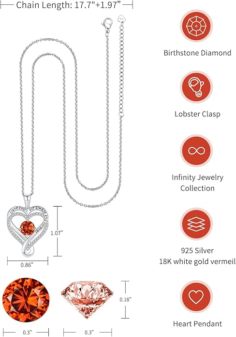 Jewelry for Women Wife Infinity Heart Birthstone I Love You Necklace S925 Anniversary Women Necklaces for Her Wife Birthday Gift Ideas, Birthday Present for Girlfriend Mom Daughter Sterling Silver