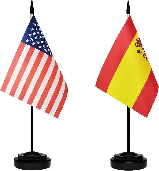 USA American & Spain Spanish Desk Flags, US Spain Table Flag, Small Mini Miniature Spanish and US Desktop Flag With 13" Solid Black Pole, Black Base