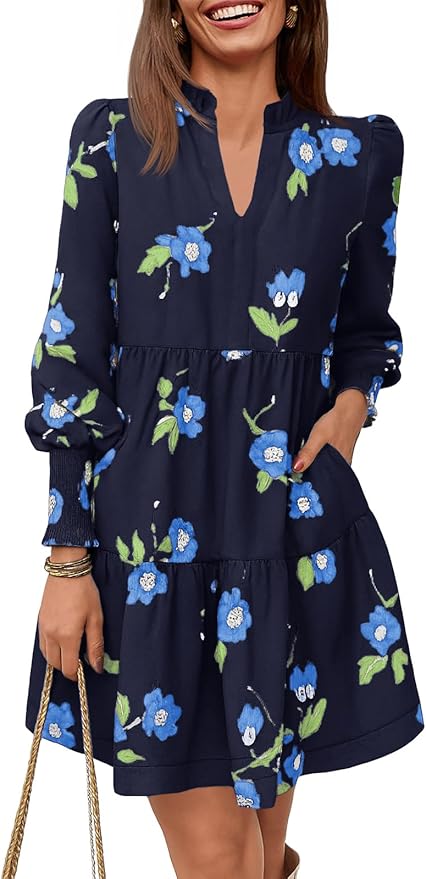 Imily Bela Womens Fall Long Sleeve Tunic Dress Casual V Neck Loose Ruffle Tiered Dress