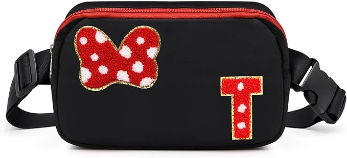 Chenille Initial Letter Bow Mouse Fanny Pack, Waterproof Park Crossbody Bag Christmas Birthday Gifts for Teen Girls Daughter Women Kids Adults, Cute Belt Bag Must Haves for Park Travel (T, Black)